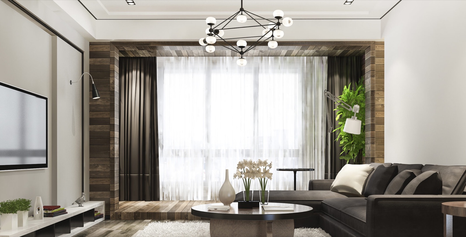 Commercial drapery project with layered blackout and sheer curtains